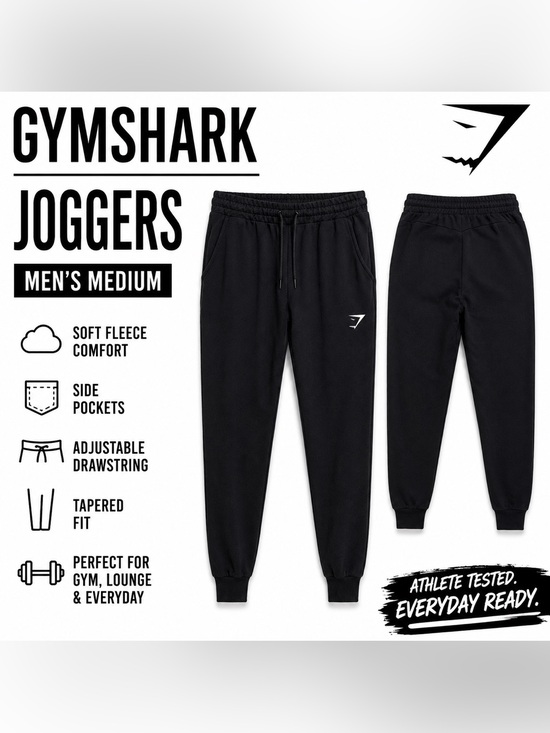Gymshark Other - Gymshark Black Fleece Joggers Sweatpants – Men’s Medium  Athleisure Lounge Pants